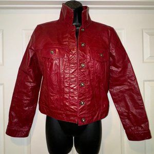 GAP Vintage 1999 Y2K Distressed Red Leather Lined Trucker Jeans Jacket M S
